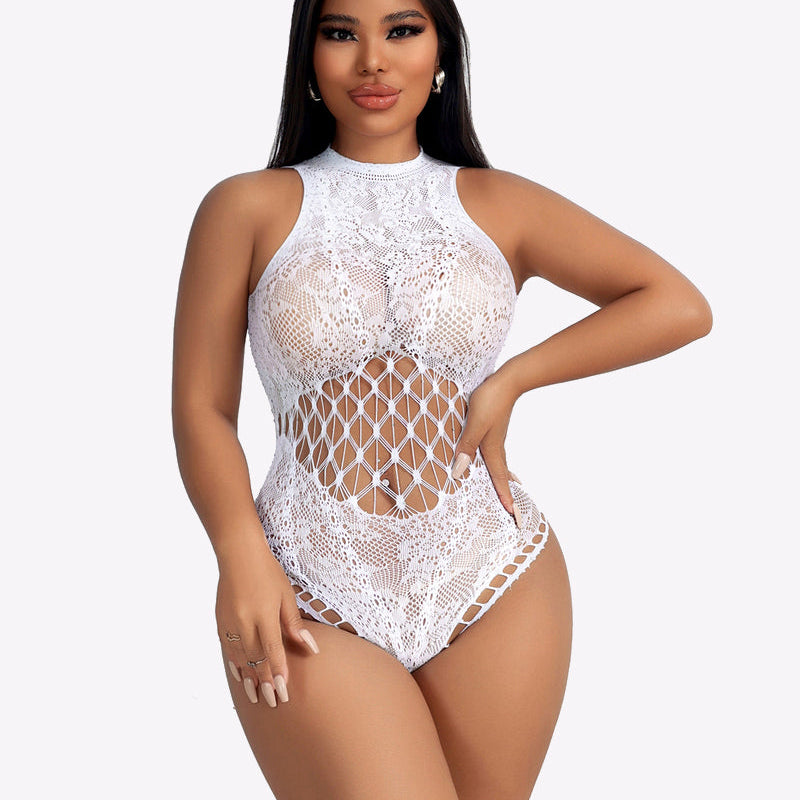 White fishnet rhinestone bodysuit with sleeveless high neck and diamond cutout
