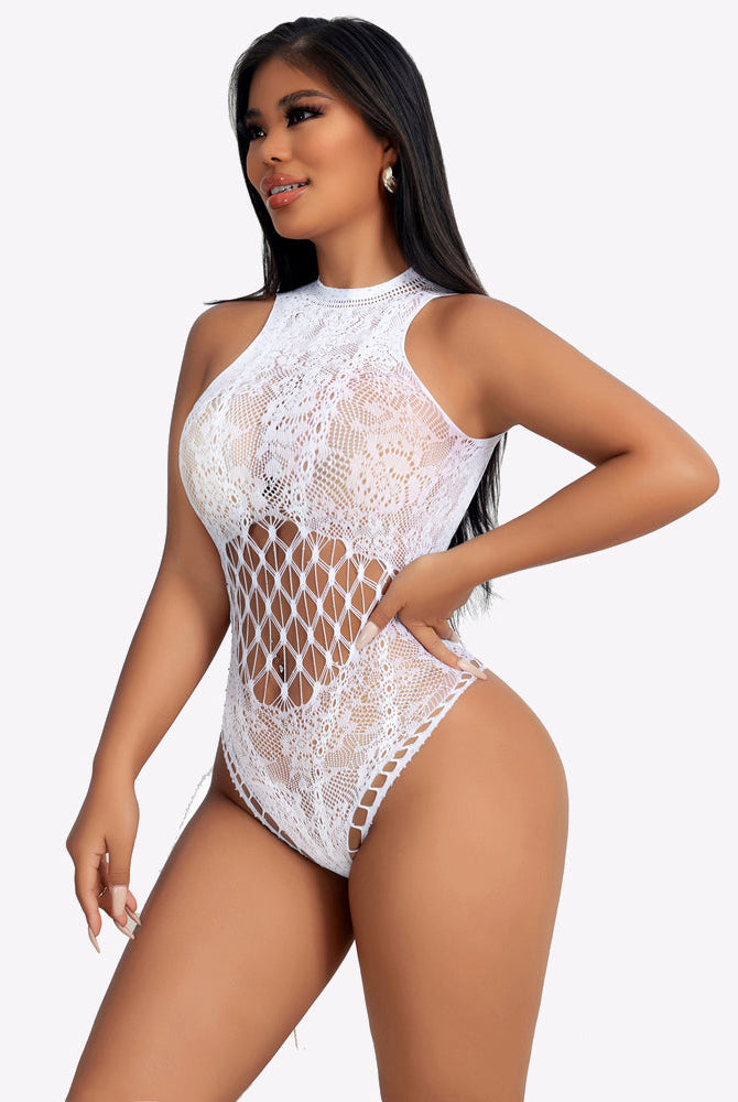 White fishnet rhinestone bodysuit with side cutouts and high halter neckline