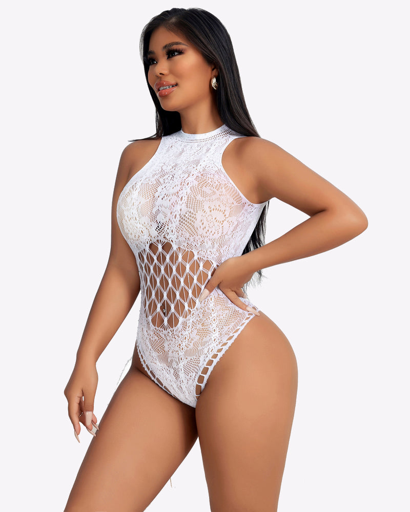 White fishnet bodysuit with cut-out design and mesh detail, sexy lingerie for women by Avidlove