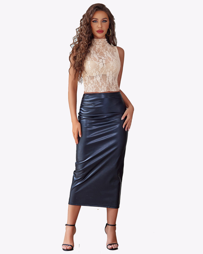 Beige lace mock neck see-through tank top with black leather skirt, perfect for showing confidence