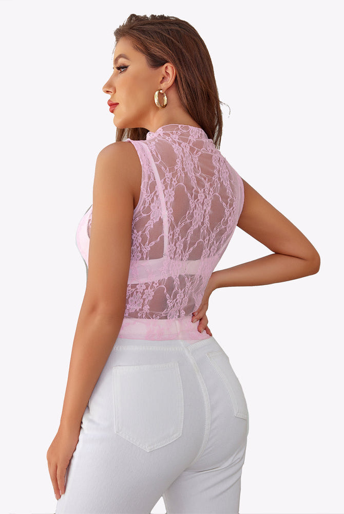 Pink floral lace mock neck see through tank top, elegant and confident women's fashion