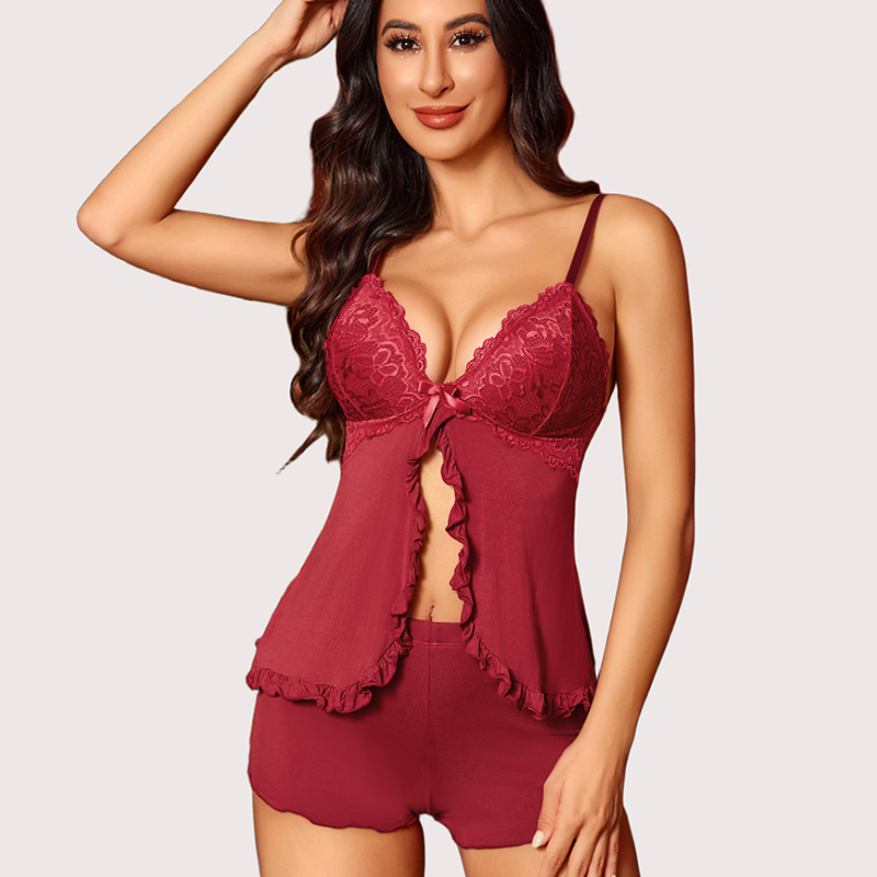 Burgundy modal pajama set with lace, perfect for a comfortable and sexy night's sleep