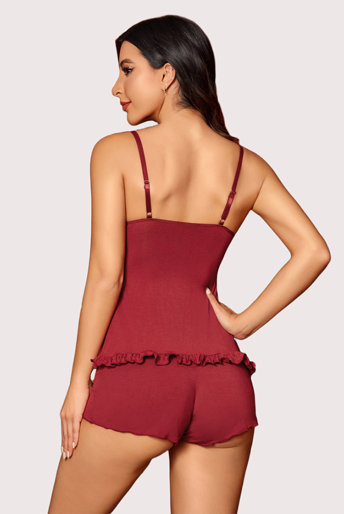 Burgundy modal pajama set with ruffled hem. Soft, breathable sleepwear for a comfortable night.