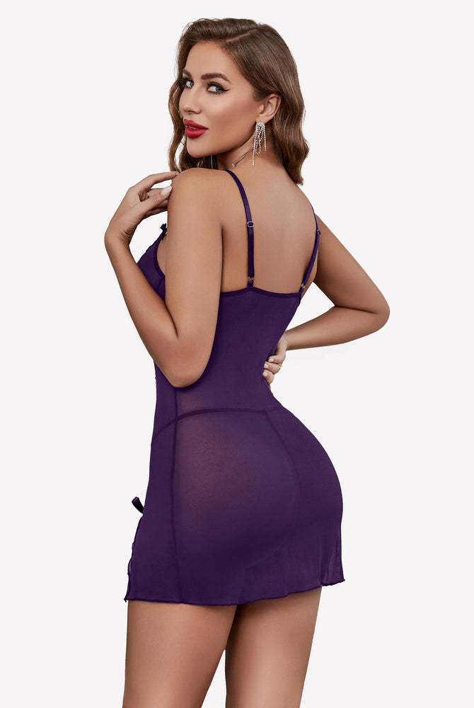 Purple lace mesh nightdress with side splits, adjustable straps, sexy lingerie for women