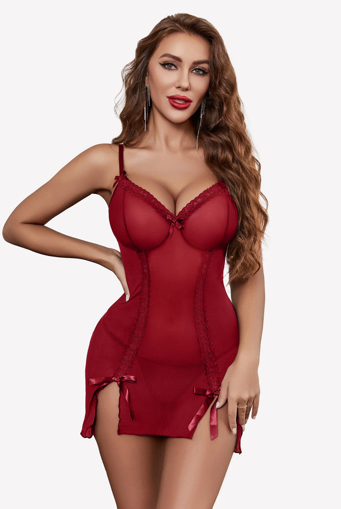 Burgundy lace mesh nightdress with side splits, adjustable straps. Sexy lingerie for women.