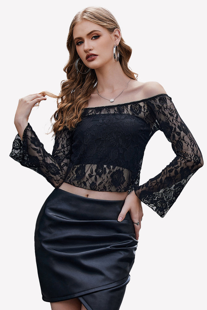 Black lace mesh off-the-shoulder crop top with bell sleeves, Y2k style for women