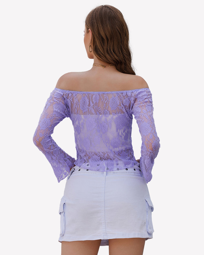 Lilac lace mesh off-the-shoulder crop top with bell sleeves, Y2k style, paired with denim skirt.