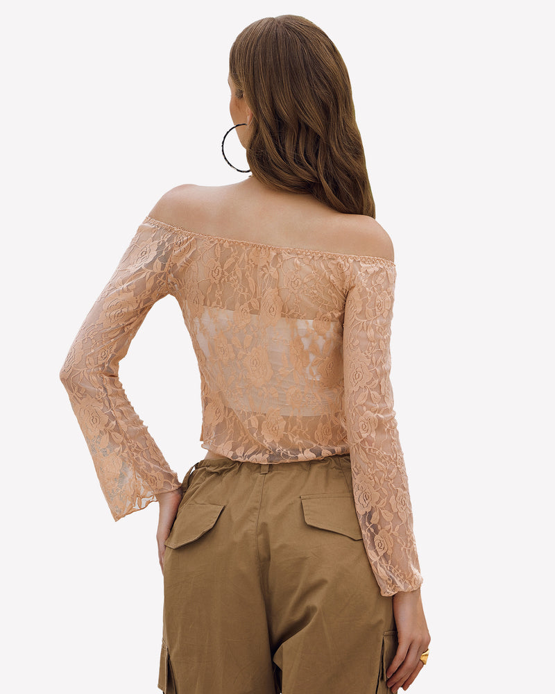 Peach lace mesh Y2k off-shoulder crop top with bell sleeves and high-waisted pants, chic outfit