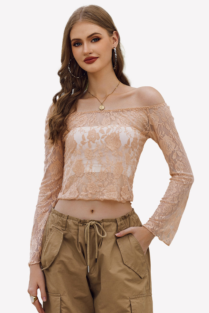 Peach lace mesh Y2k off-shoulder crop top with bell sleeves, floral design, stylish outfit.
