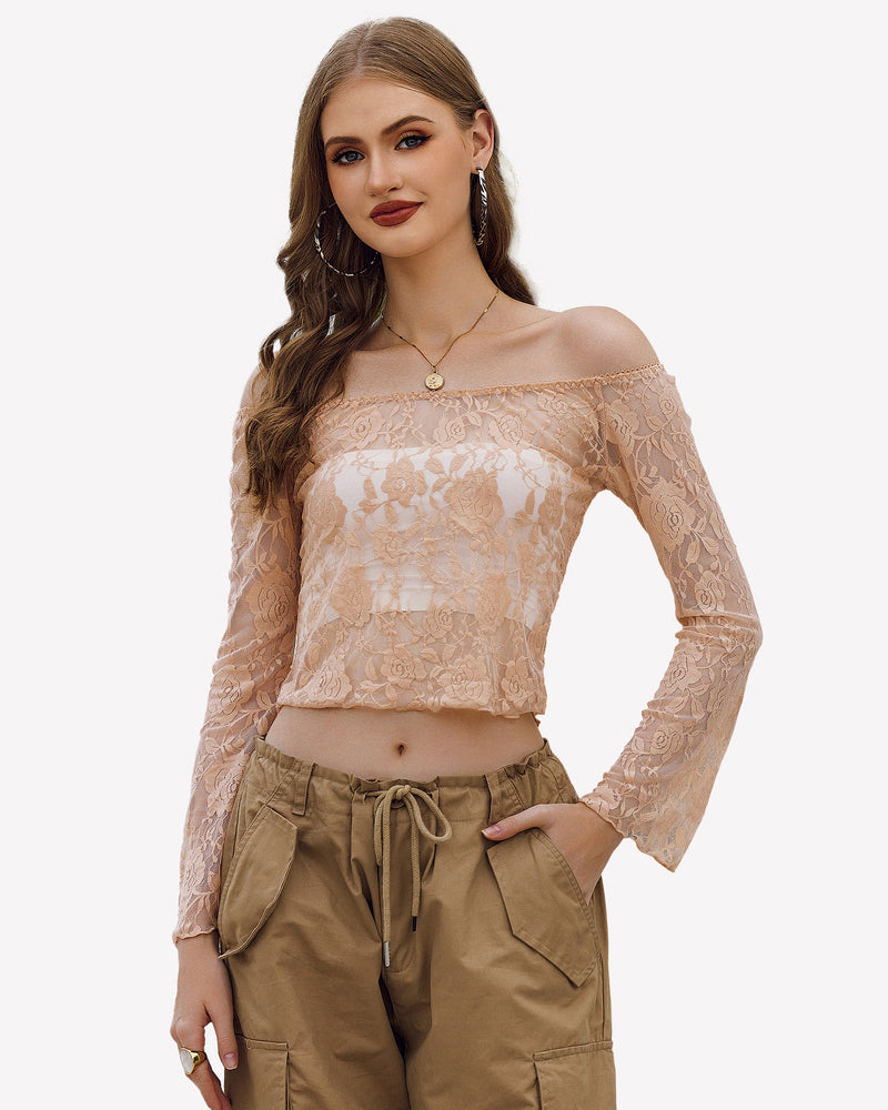 Peach lace mesh Y2k off-shoulder crop top with bell sleeves, floral design, stylish outfit.