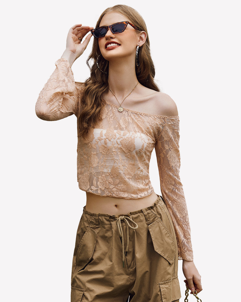 Peach lace mesh Y2k off-shoulder crop top, bell sleeves, brown cargo pants, stylish outfit.