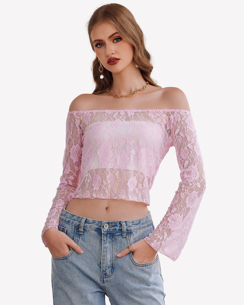 Pink lace mesh Y2k crop top with bell sleeves, off-the-shoulder design, paired with denim jeans