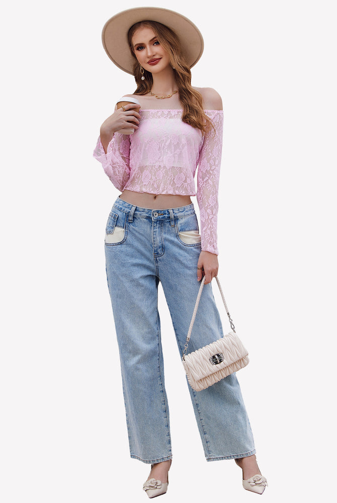 Y2k pink lace mesh off-shoulder crop top with bell sleeves, paired with denim jeans, stylish outfit