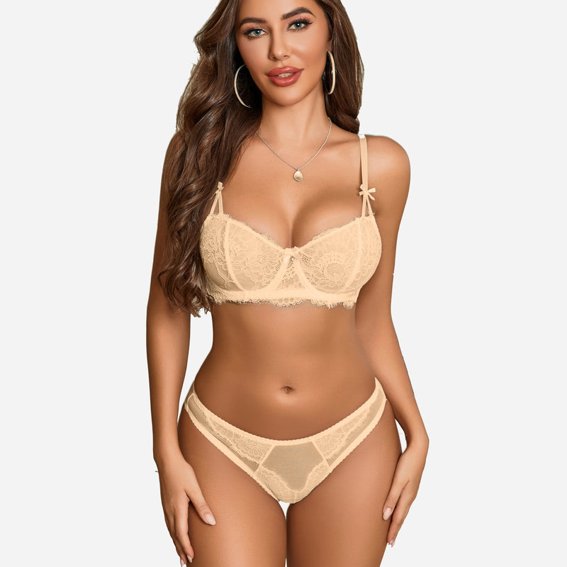 Beige floral lace lingerie set on a model. Sexy bra and panty with adjustable straps.