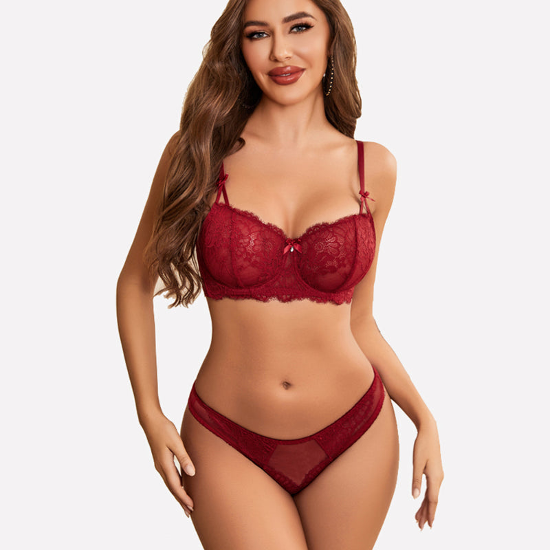 Burgundy floral lace lingerie set. Sheer, floral design bra and panty. Sexy lingerie.