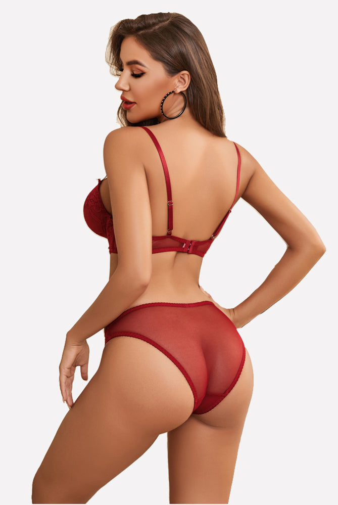 Burgundy floral lace bra and panty set. Sheer, floral design. Sexy lingerie.
