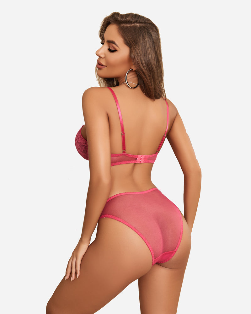 Hot pink floral lace lingerie set. Sexy bra and panty set for women, perfect for special nights.