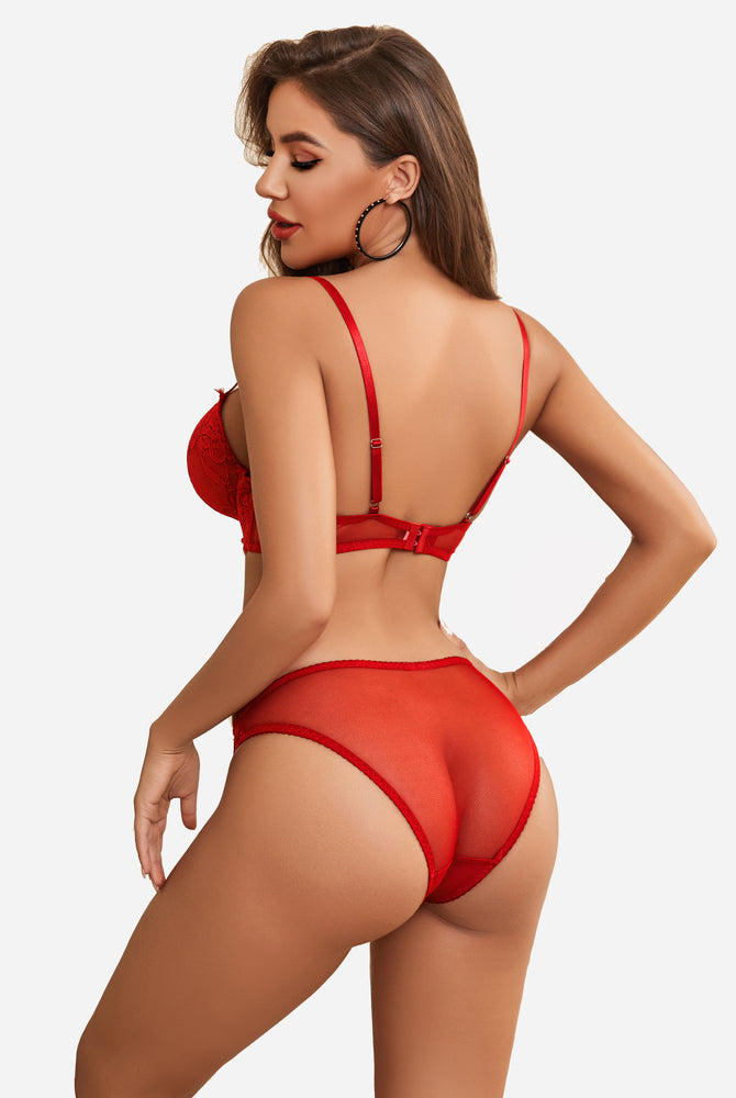 Red floral lace lingerie set. Sheer bra and panty with adjustable straps. Sexy underwear.