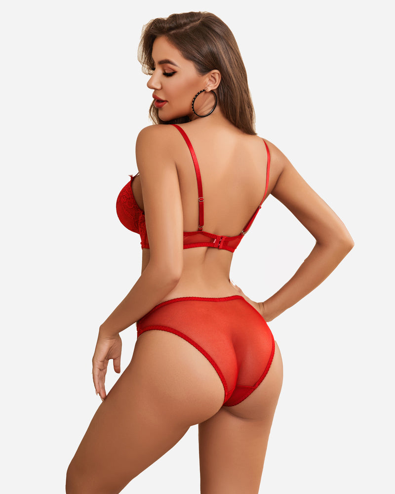 Red floral lace lingerie set. Sheer bra and panty with adjustable straps. Sexy underwear.