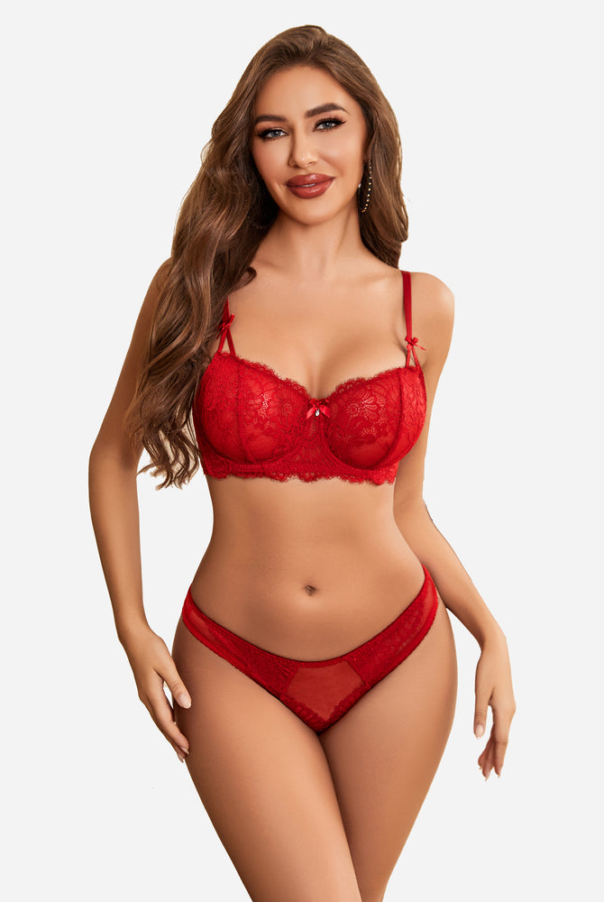 Red lace bra and panty set, floral design, perfect for special nights. Sexy lingerie for women.