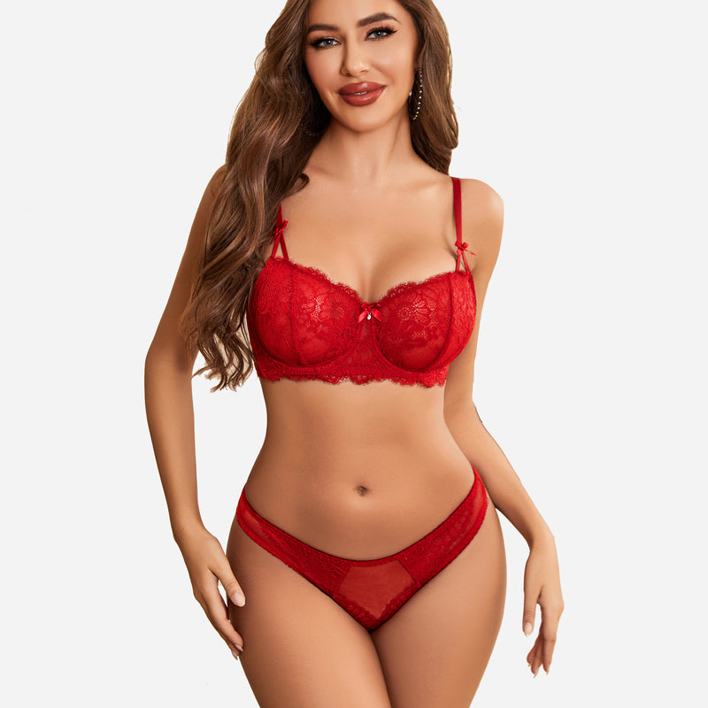 Red lace bra and panty set, floral design, perfect for special nights. Sexy lingerie for women.