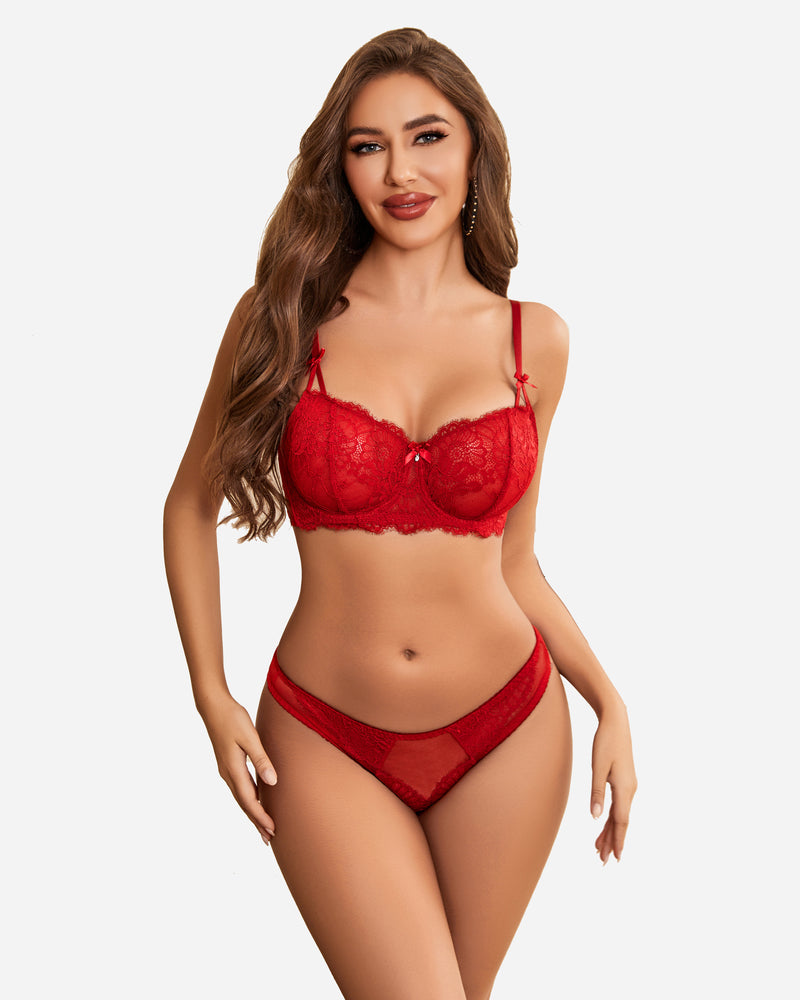 Red lace bra and panty set, floral design, perfect for special nights. Sexy lingerie for women.
