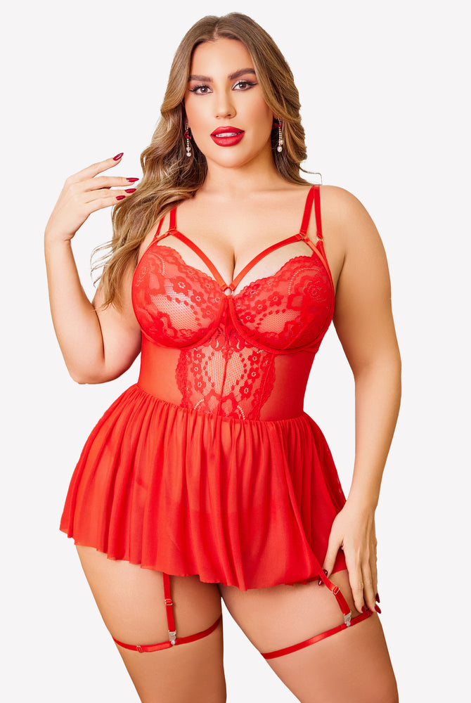 Plus Size Red Lace Babydoll Lingerie Set with Garter Belt