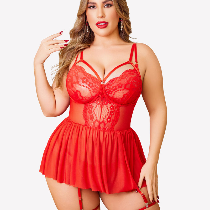 Plus Size Red Lace Babydoll Lingerie Set with Garter Belt