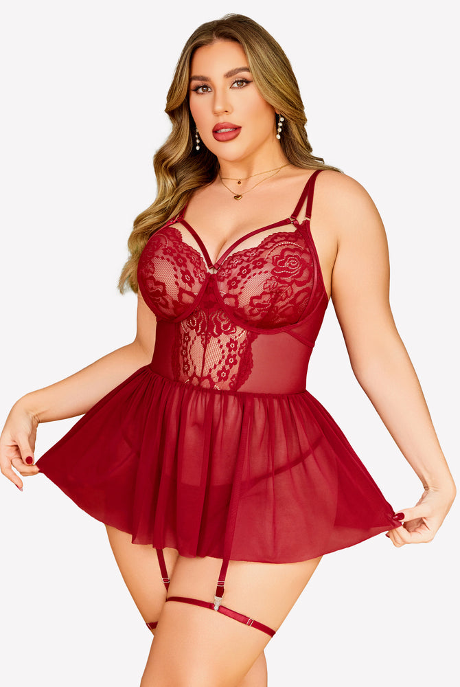 Plus Size Burgundy Lace Babydoll Lingerie Set with Garter Belt, Adjustable Straps, Sheer Mesh