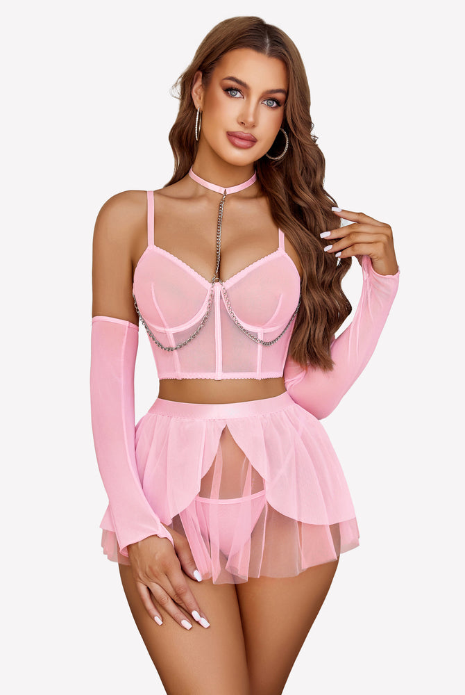 Pink chain linked bustier lingerie set with mini ruffle skirt. Sexy and charming design for women.