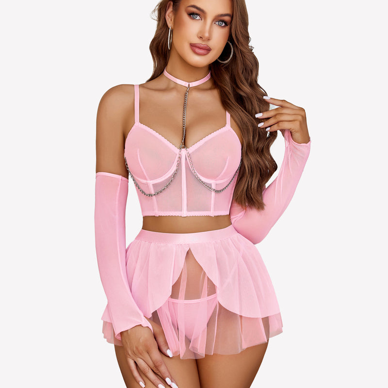 Pink chain linked bustier lingerie set with mini ruffle skirt. Sexy and charming design for women.
