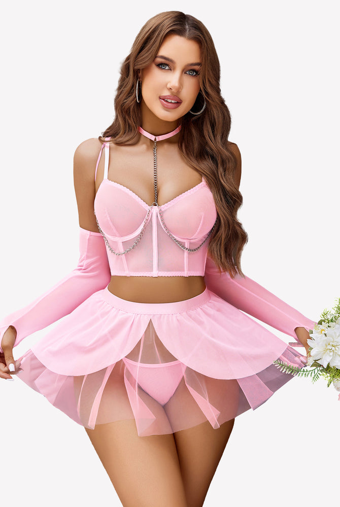 Pink chain linked bustier lingerie set with mini ruffle skirt, underwire top, arm sleeves, and thong