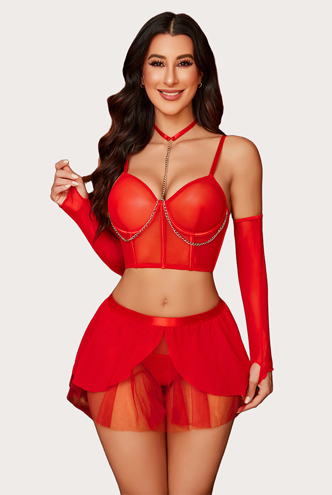 Red chain linked bustier lingerie set with mini ruffle skirt. Sexy and charming design for women.