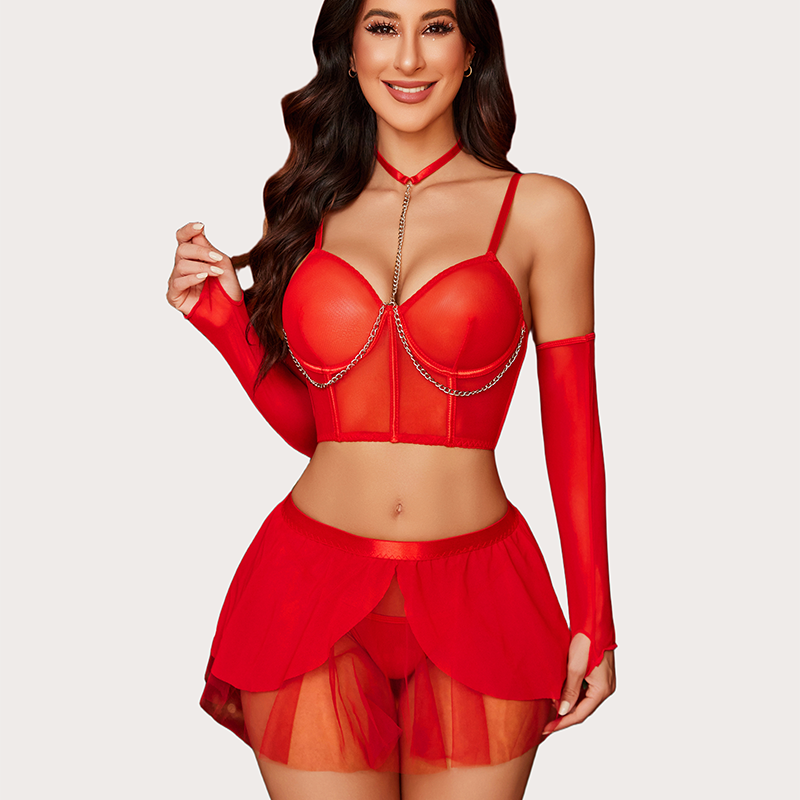 Red chain linked bustier lingerie set with mini ruffle skirt. Sexy and charming design for women.