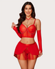 Red chain linked bustier lingerie set with mini ruffle skirt. Sexy and charming design for women.
