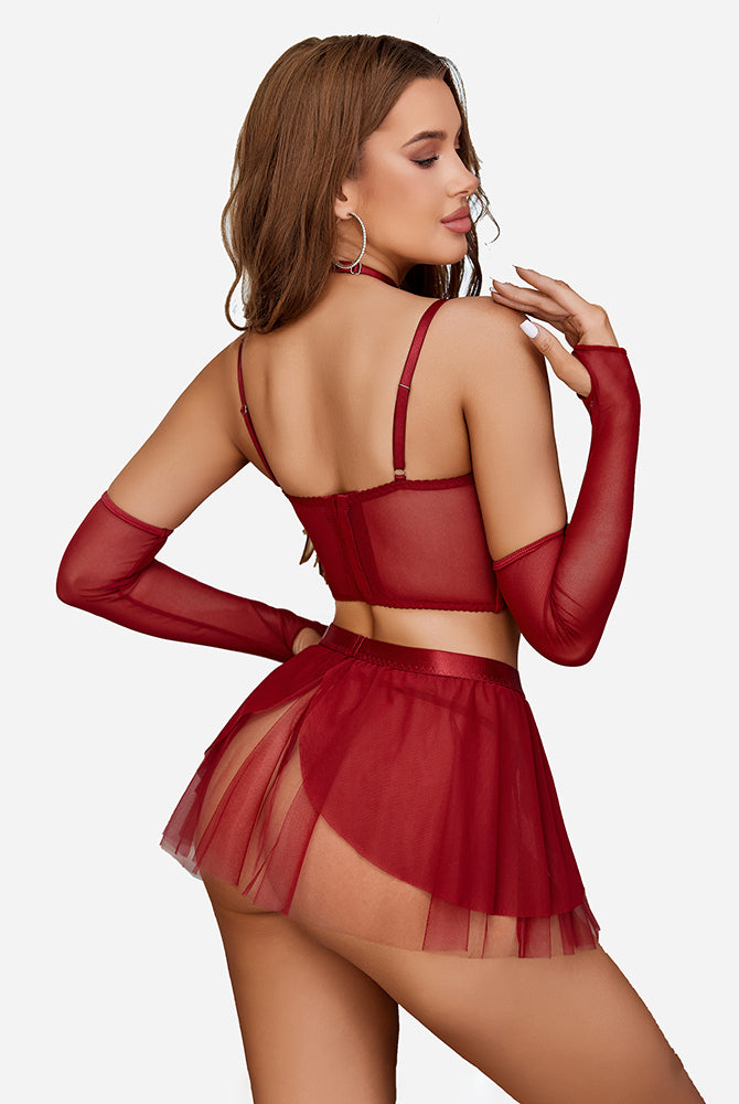 Red bustier lingerie set with mini ruffle skirt, underwire top, arm sleeves, and choker
