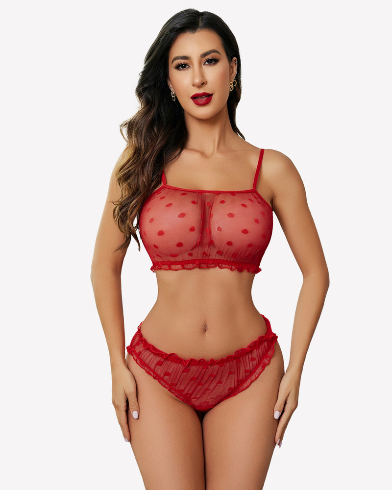 Red mesh lingerie set with polka dots and ruffles. Sexy and confident lingerie.