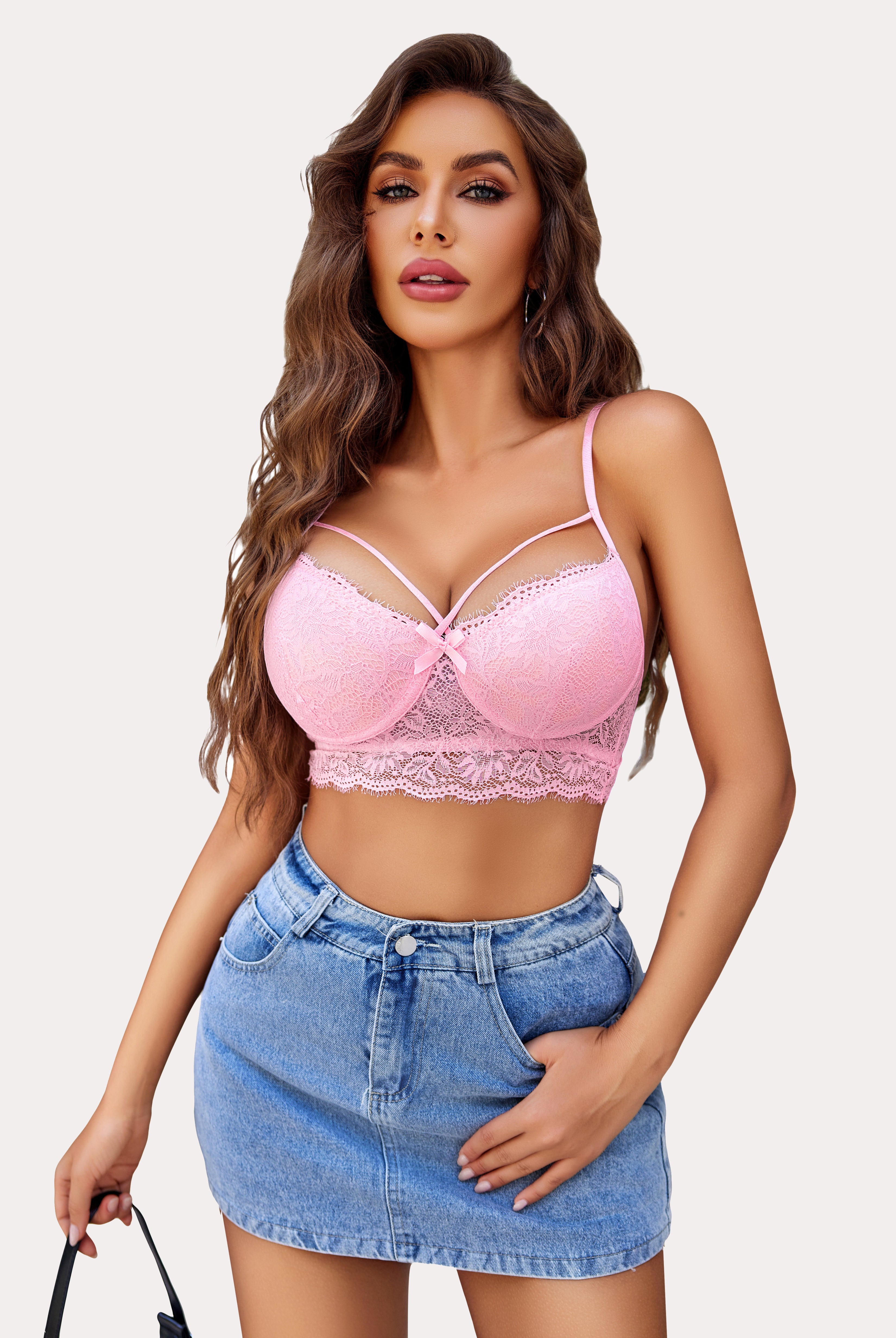 Avidlove pink lace bra, floral design, enhancing curves, paired with denim skirt.