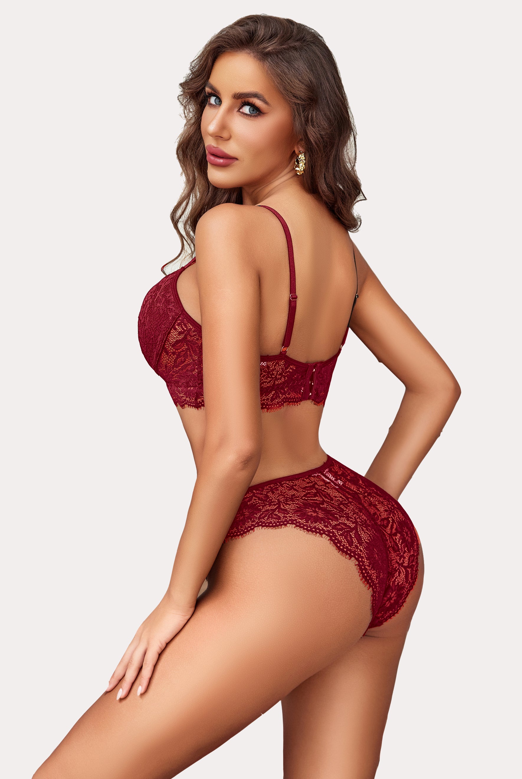 Burgundy lace lingerie set, Avidlove design, enhancing curves, floral lace.