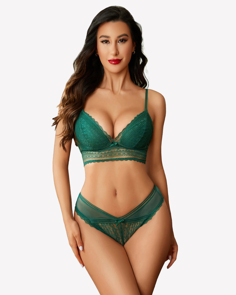 Green lace lingerie set, enhancing natural shape, offering seamless comfort and French allure.