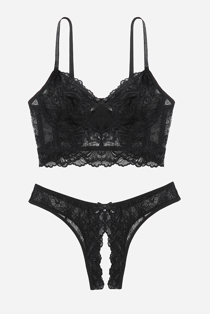 Black lace bra and crotchless panty set with bow details, offering a flattering and sexy look