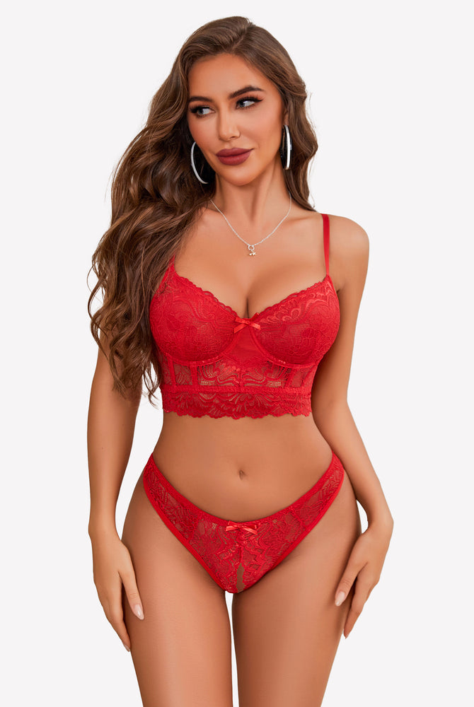Red lace lingerie set with bra and crotchless panty, offering a flattering and sexy look.