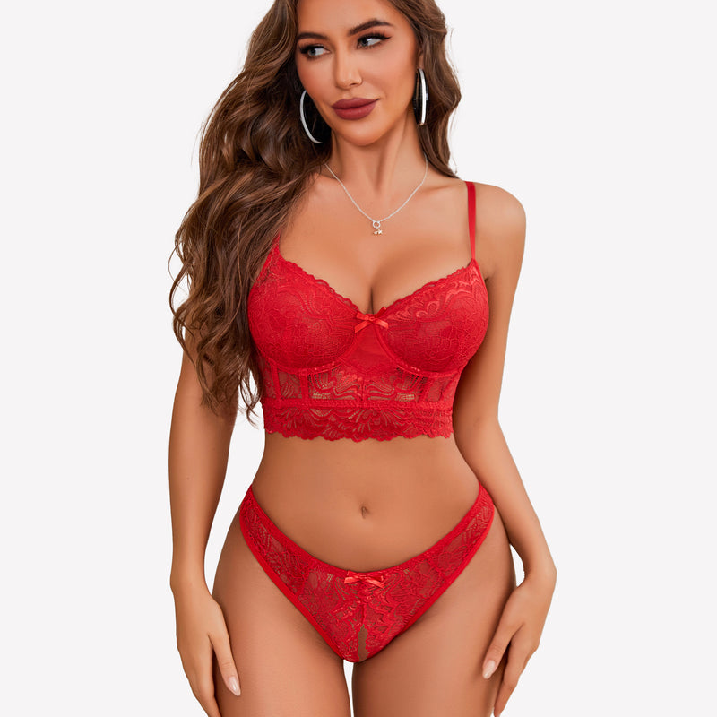 Red lace lingerie set with bra and crotchless panty, offering a flattering and sexy look.