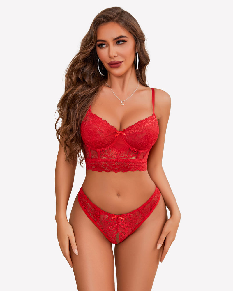 Red lace lingerie set with bra and crotchless panty, offering a flattering and sexy look.