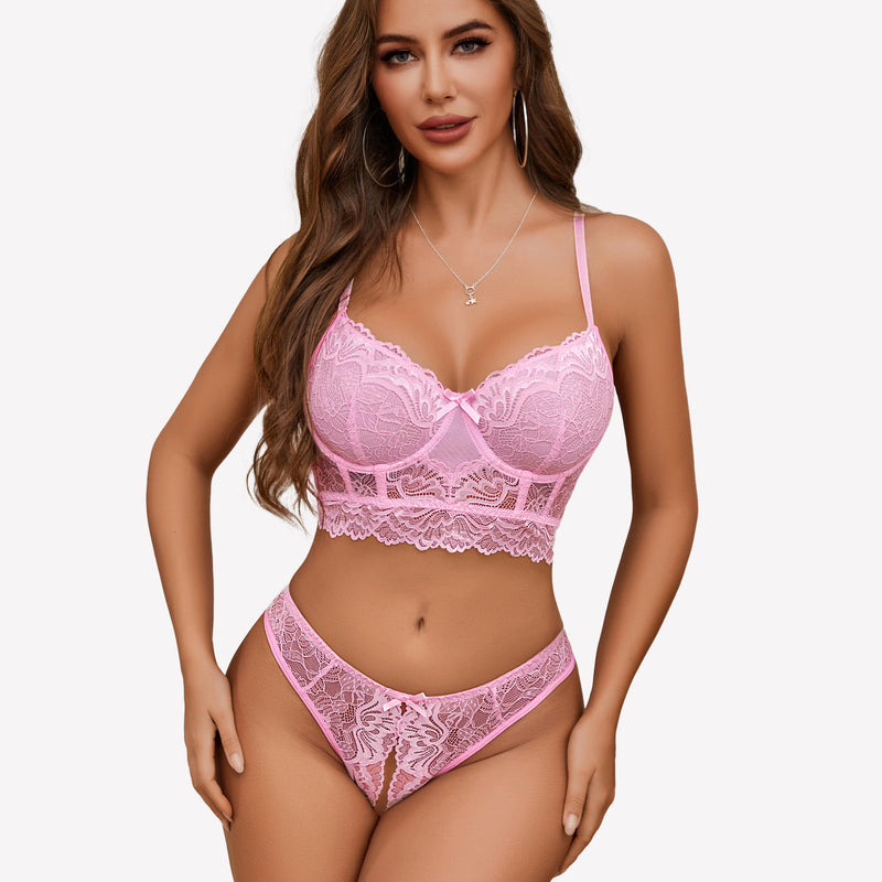 Pink lace lingerie set, adjustable straps, crotchless panty, sexy lace bra