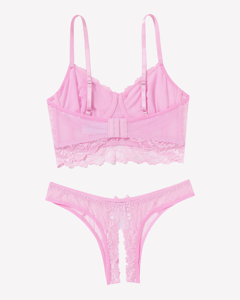 Pink lace bra and crotchless panty set. Adjustable straps, flattering design, sexy lingerie.