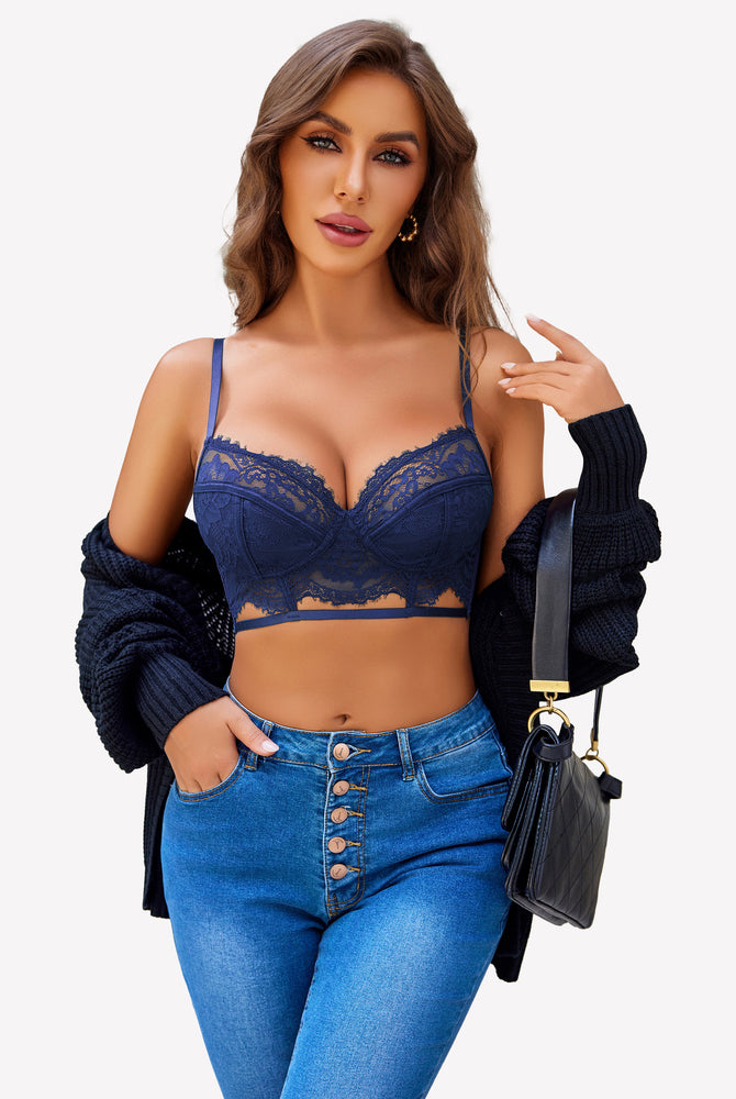 Navy blue floral lace bra and panty set, adjustable straps, comfortable fit, with blue jeans.