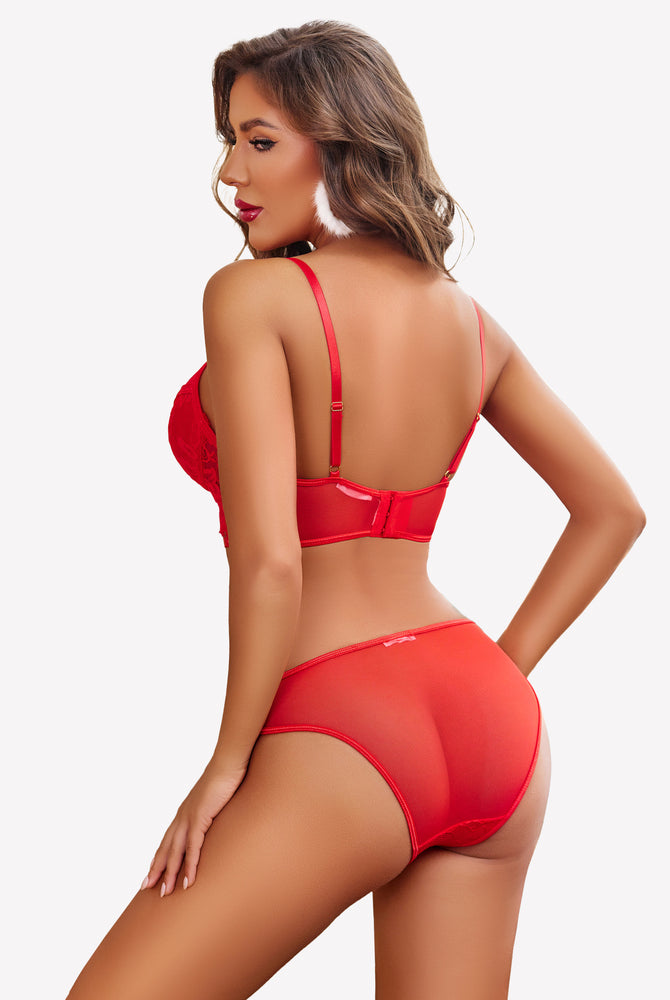 Red lace bra and panty set with adjustable straps and floral design, perfect for confidence.