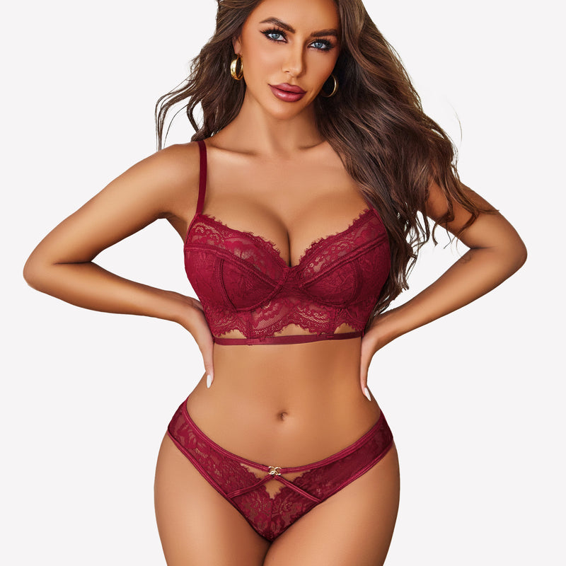 Burgundy floral lace bra and panty set with adjustable straps, designed for confidence and comfort