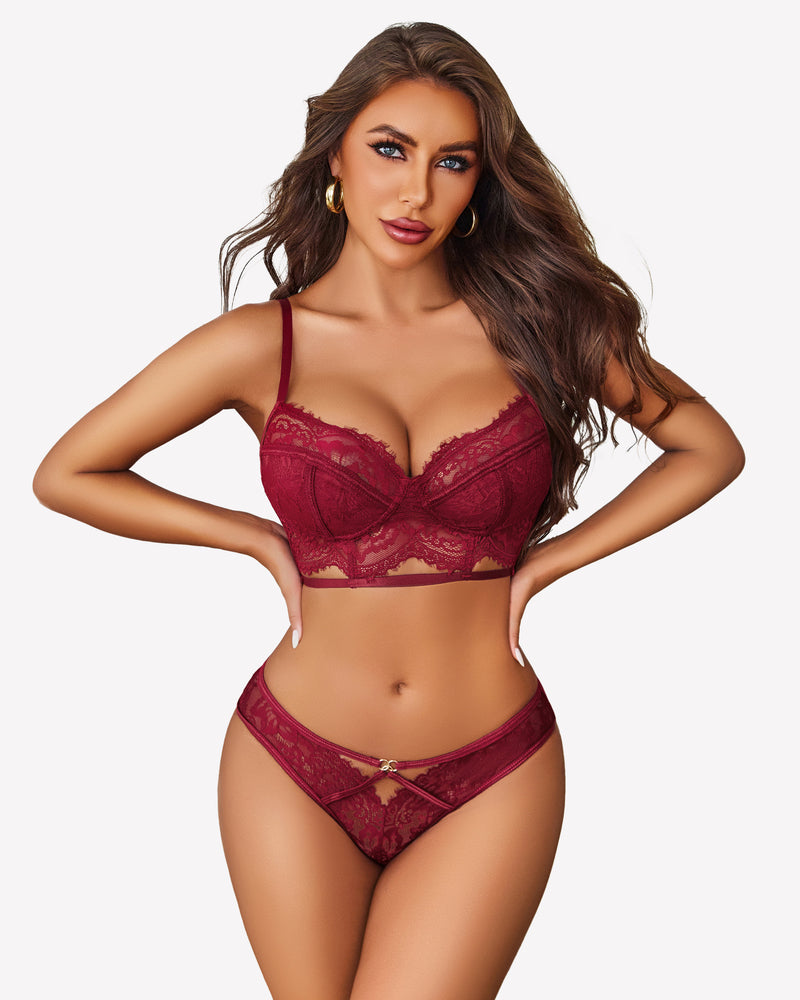 Burgundy floral lace bra and panty set with adjustable straps, designed for confidence and comfort